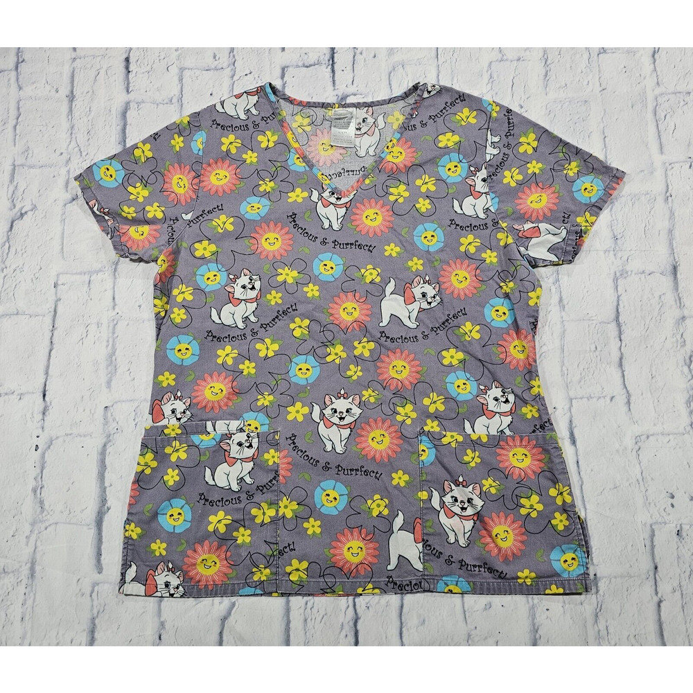 Disney WOMENS SIZE S Aristocrats Cat Grey Scrub Shirt Nurse Top Cats Kittens